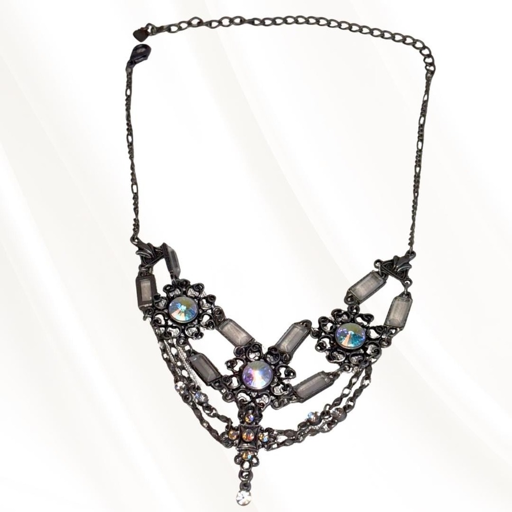 Vintage Victorian Revival Bib Necklace, Gunmetal Filigree Statement Jewelry
